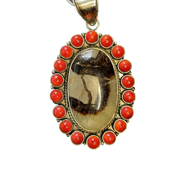 Agate and coral pendant Sunburst Silver Southwest oval w sterling chain - Picture 1 of 16